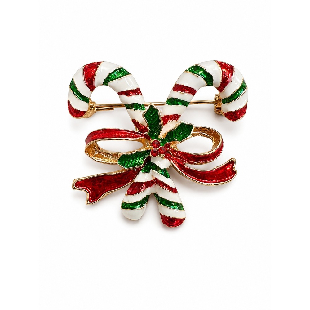 NWT Christmas Candy Cane Brooch Enamel Gold Tone Holiday Pin Red Green White